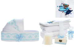 Trusou tip landou pentru botez de baieti, Model brodat cu Ursuletul aviator, bleu, 8 piese, Recostore®, REC5005/1