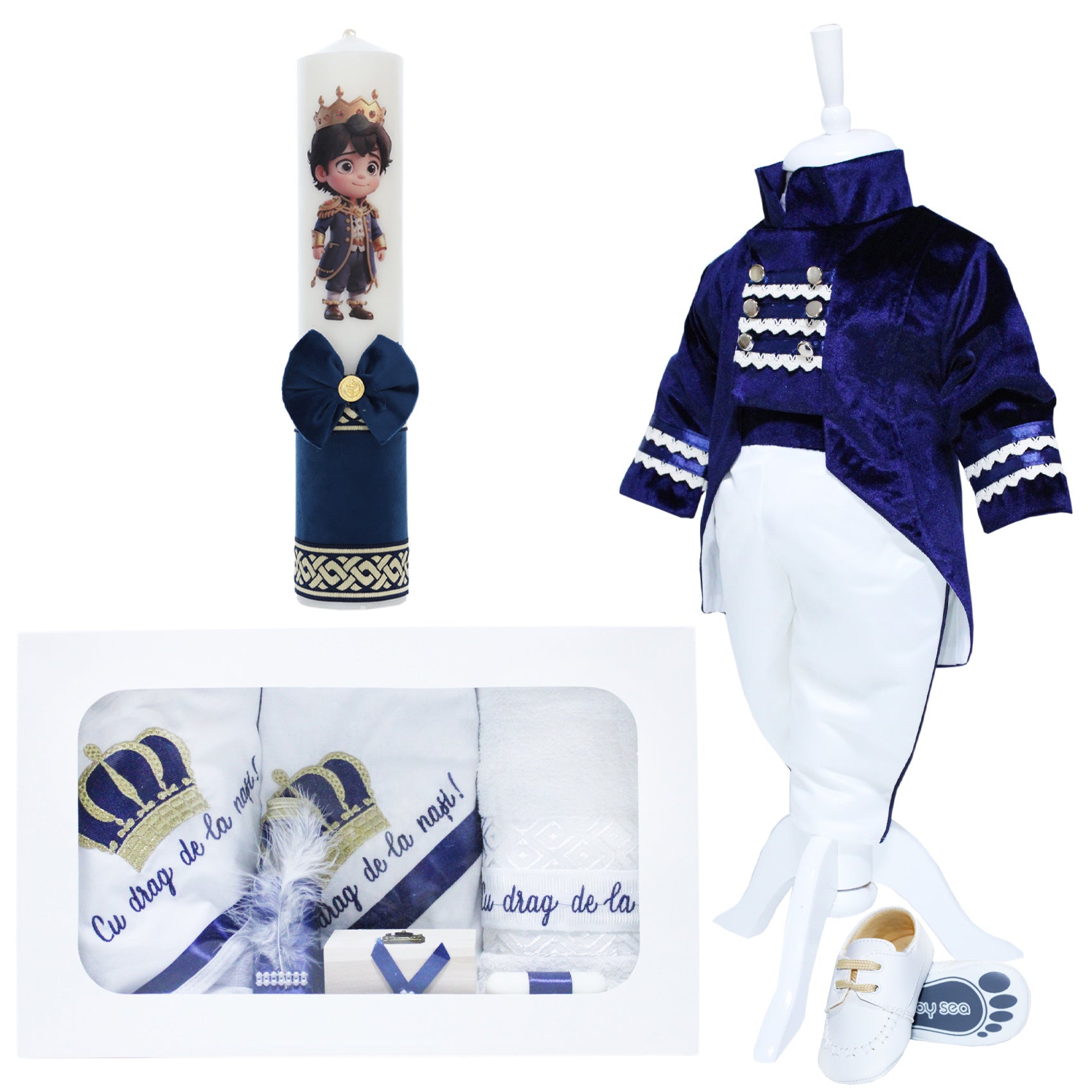 Set trusou complet pentru botez de baieti, Print, 13 piese, costum cu redingota, lumanare cu print, trusou brodat cu coroana, Recostore®, REC2489