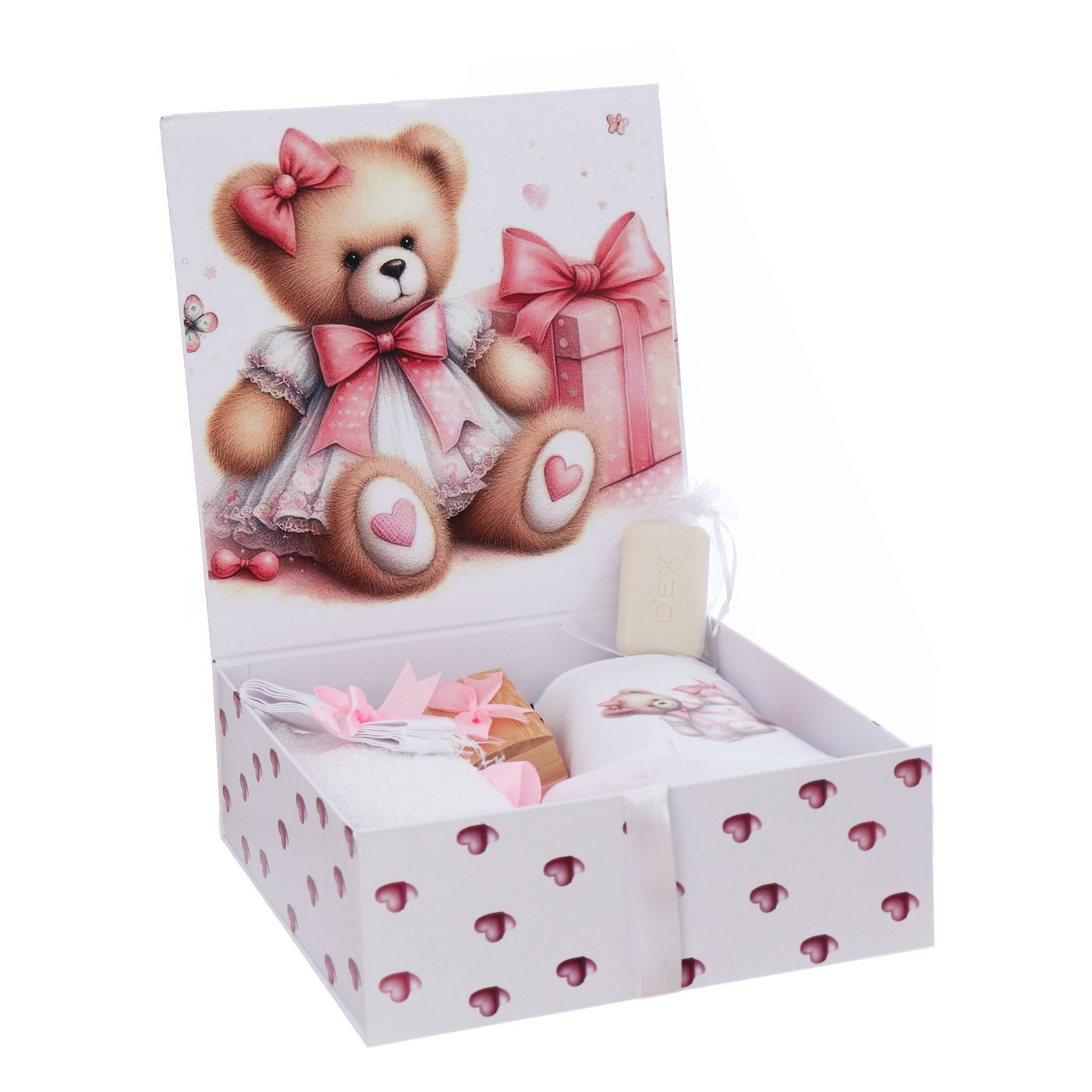 Trusou pentru botez de fete, 8 piese, Model cu Ursulet, roz, Recostore®, REC3078