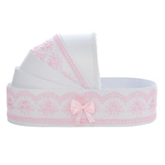 Trusou tip landou pentru botez de fete, Model brodat cu Lebada, roz, 8 piese, Recostore®, REC5005/19