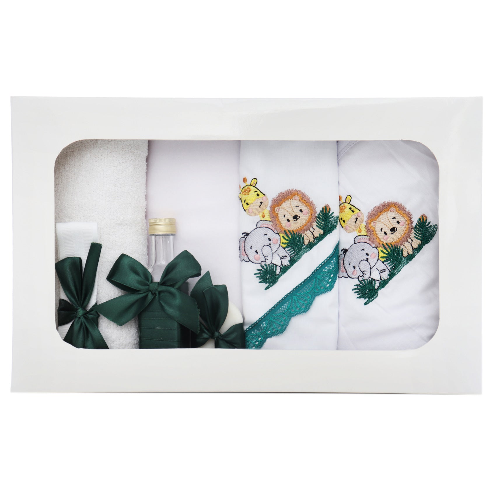 Trusou pentru botez de fete, Model Safari, verde inchis, 7 piese, Recostore®, REC2635