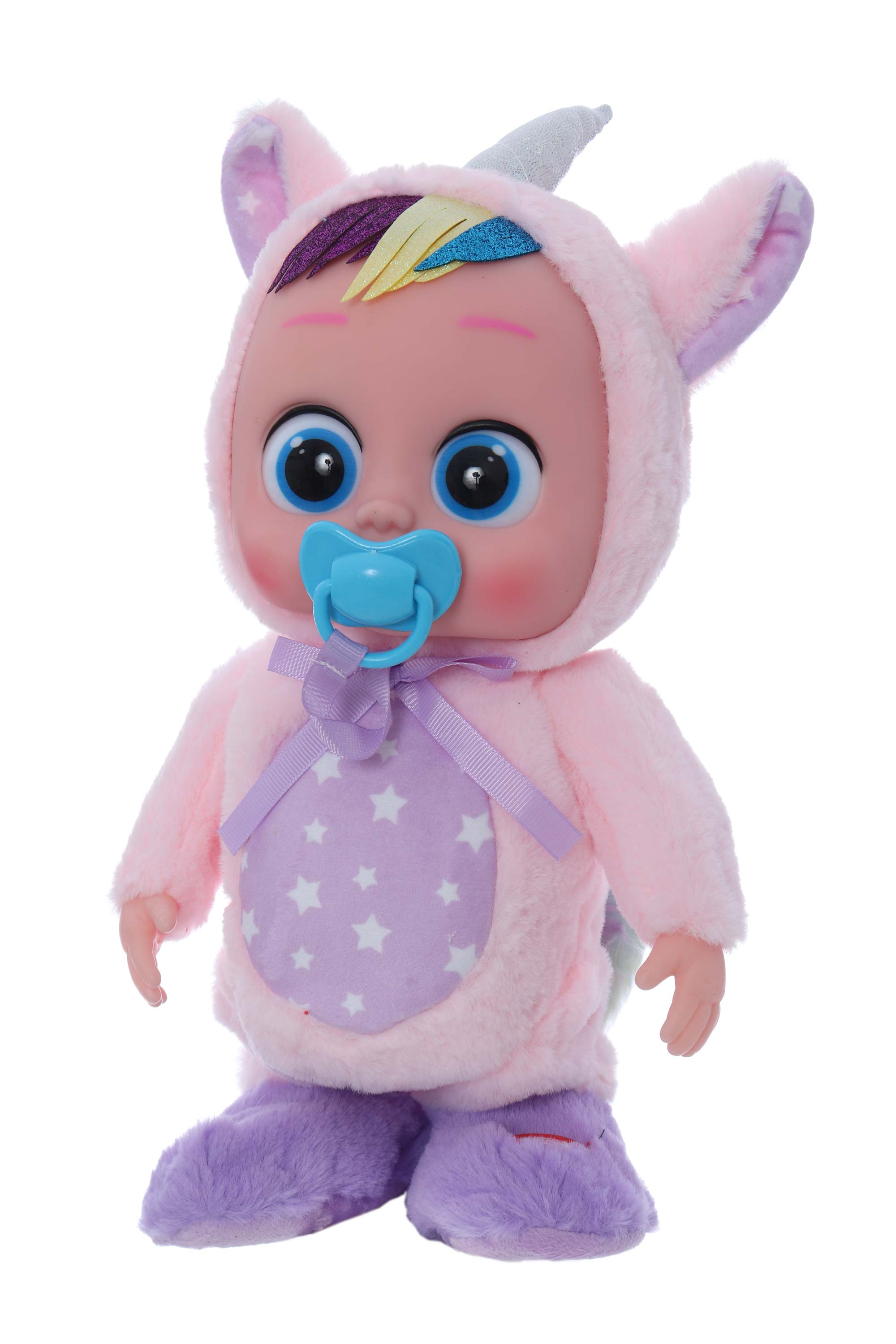 Bebelus interactiv cu suzeta si costum unicorn, plange, merge si canta, dimensiune 32 cm, REC2990