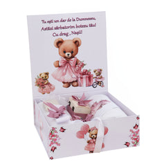 Trusou personalizat cu Ursulet, culoare roz pudrat, trusou, rochie, lumanare si accesorii, REC3206