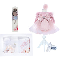 Set trusou complet pentru botez de fete, model Zana, 11 piese, Rochita cu funda, lumanare cu zana, trusou brodat si pantofiori, Recostore®, REC2495