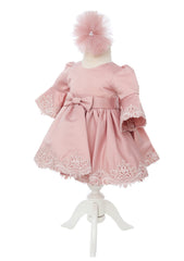 Rochita roz pudrat cu maneci tip clopot si dantela pentru botez de fete, 2 piese, Recostore®, REC2524