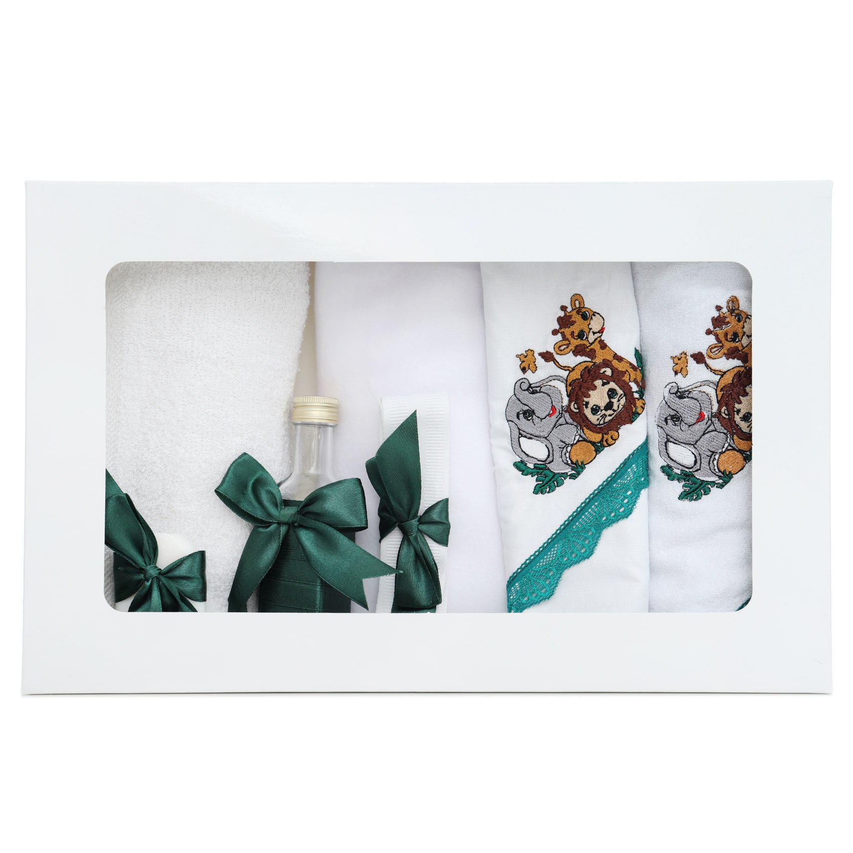 Trusou pentru botez de baieti, Model Brodat cu Safari, verde, 7 piese, Recostore®, REC2507