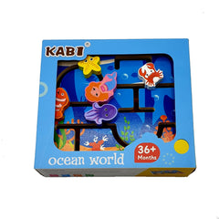 Joc educativ din lemn, labirint cu animale marine, dimensiune 22cm x 20cm x 6 cm, REC2877