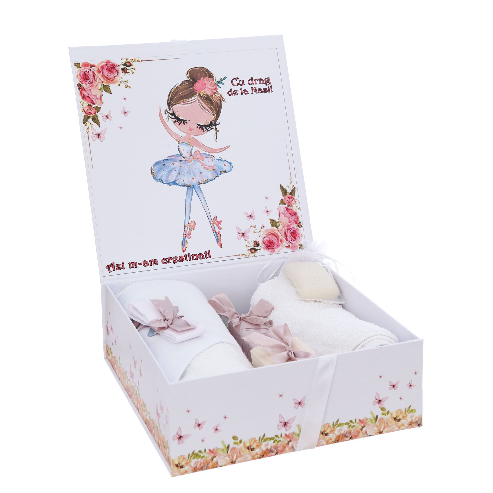 Trusou pentru botez de fete, 8 piese, Model cu Balerina, roz pudrat, Recostore®, REC3082