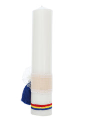 Set trusou complet pentru botez de baieti, model traditional, 13 piese, costum popular alb-albastru, lumanare cu taranus, trusou brodat cu taranus, Recostore®, REC2493