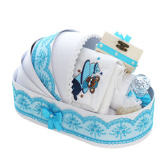 Trusou tip landou pentru botez de baieti, Model brodat cu Ursuletul aviator, turcoaz, 8 piese, REC5005/2