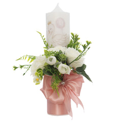 Lumanare botez cu Lebada si flori artificiale, 30x7 cm, roz pudrat, REC5002/39