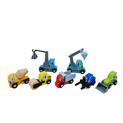 Set 7 masinute din lemn, tip utilaje, dimensiune 8cm x 6cm x 4cm, REC2891