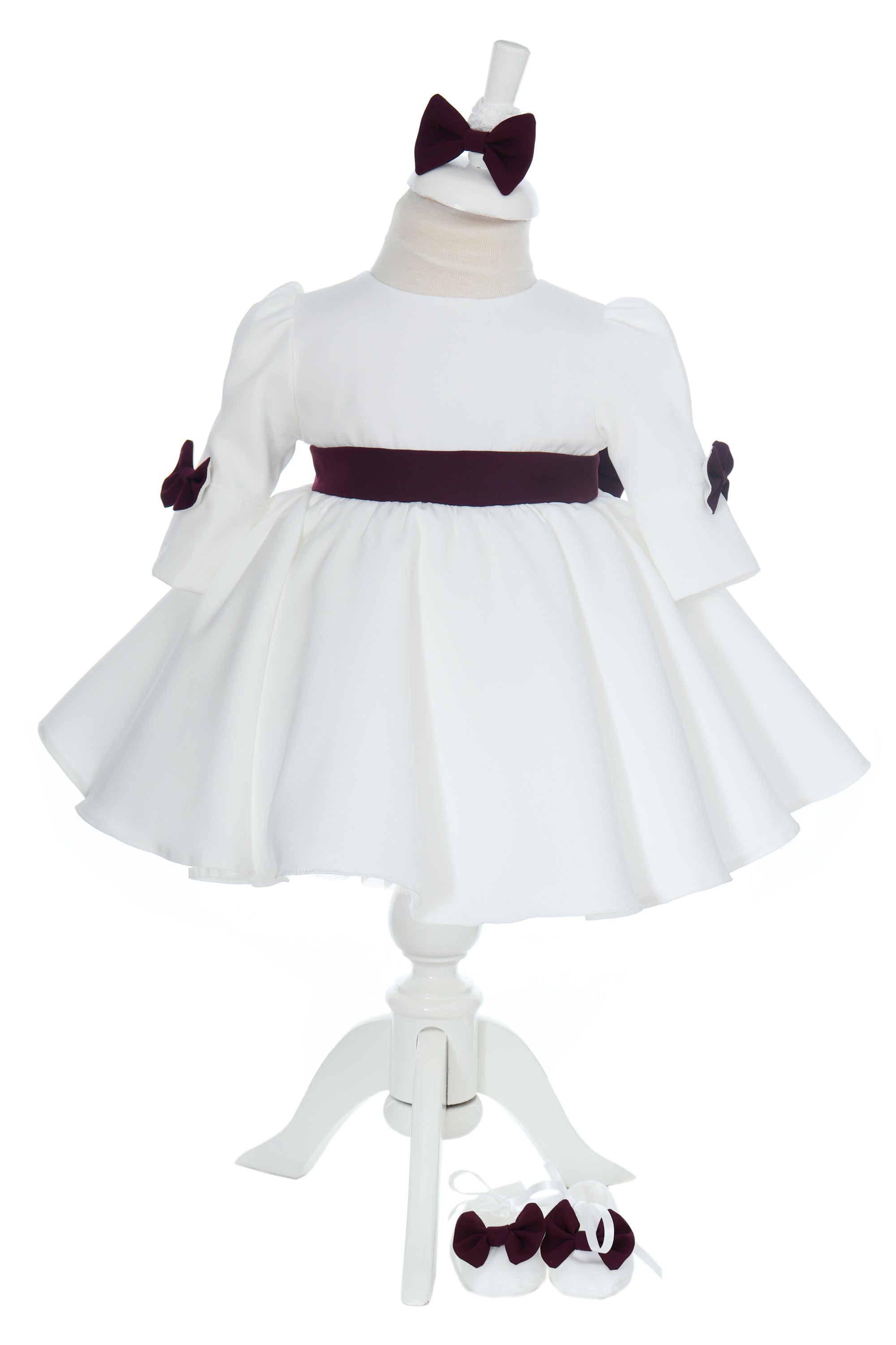 Rochita alba cu fundite mov pentru botez de fete, botosei si bentita, Recostore®, REC3038