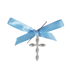 Set 20 marturii, cruciulite biserica din metal cu bolduri si cutiuta, funda bleu, REC1968/47