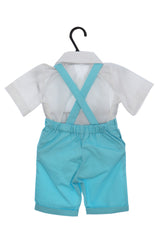 Trusou complet pentru botez de baieti personalizat cu Strumfi, costum cu maneca scurta, pantofiori, lumanare si trusou, turcoaz, 12 piese, Recostore®, REC2722