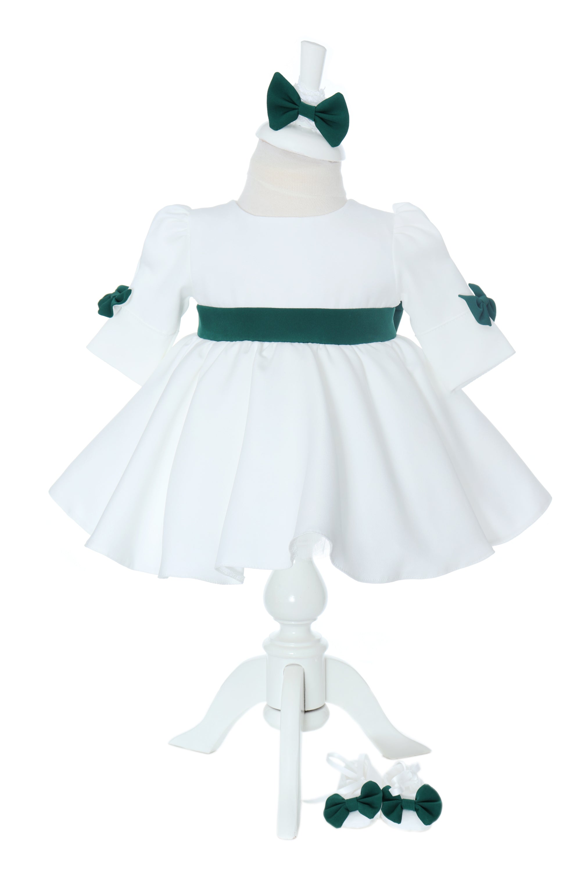 Rochita alba cu fundite verzi pentru botez de fete, botosei si bentita, Recostore®, REC3040