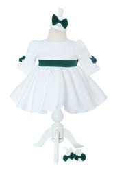 Rochita alba cu fundite verzi pentru botez de fete, botosei si bentita, Recostore®, REC3040