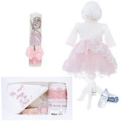 Set trusou complet pentru botez de fete, model Balerina, 11 piese, Rochita cu trena, lumanare cu Balerina, trusou brodat si pantofiori, Recostore®, REC2498