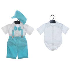 Trusou complet pentru botez de baieti personalizat cu Strumfi, costum cu maneca scurta, pantofiori, lumanare si trusou, turcoaz, 12 piese, Recostore®, REC2722