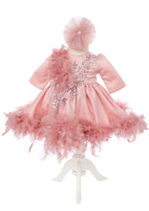 Rochita roz pudrat cu pene pentru botez de fete, 2 piese, Recostore®, REC2525