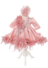 Rochita roz pudrat cu pene pentru botez de fete, 2 piese, Recostore®, REC2525