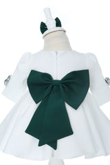 Rochita alba cu fundite verzi pentru botez de fete, botosei si bentita, Recostore®, REC3040