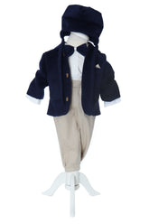 Costum botez baieti cu haina groasa din stofa, 5 piese, bleumarin-crem, Recostore®, REC3041