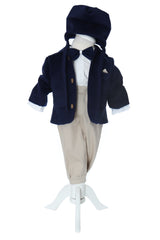 Costum botez baieti cu haina groasa din stofa, 5 piese, bleumarin-crem, Recostore®, REC3041