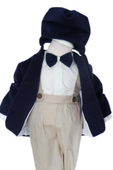 Costum botez baieti cu haina groasa din stofa, 5 piese, bleumarin-crem, Recostore®, REC3041