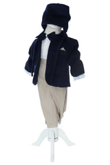 Costum botez baieti cu haina groasa din stofa, 5 piese, bleumarin-crem, Recostore®, REC3041