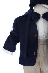 Costum botez baieti cu haina groasa din stofa, 5 piese, bleumarin-crem, Recostore®, REC3041