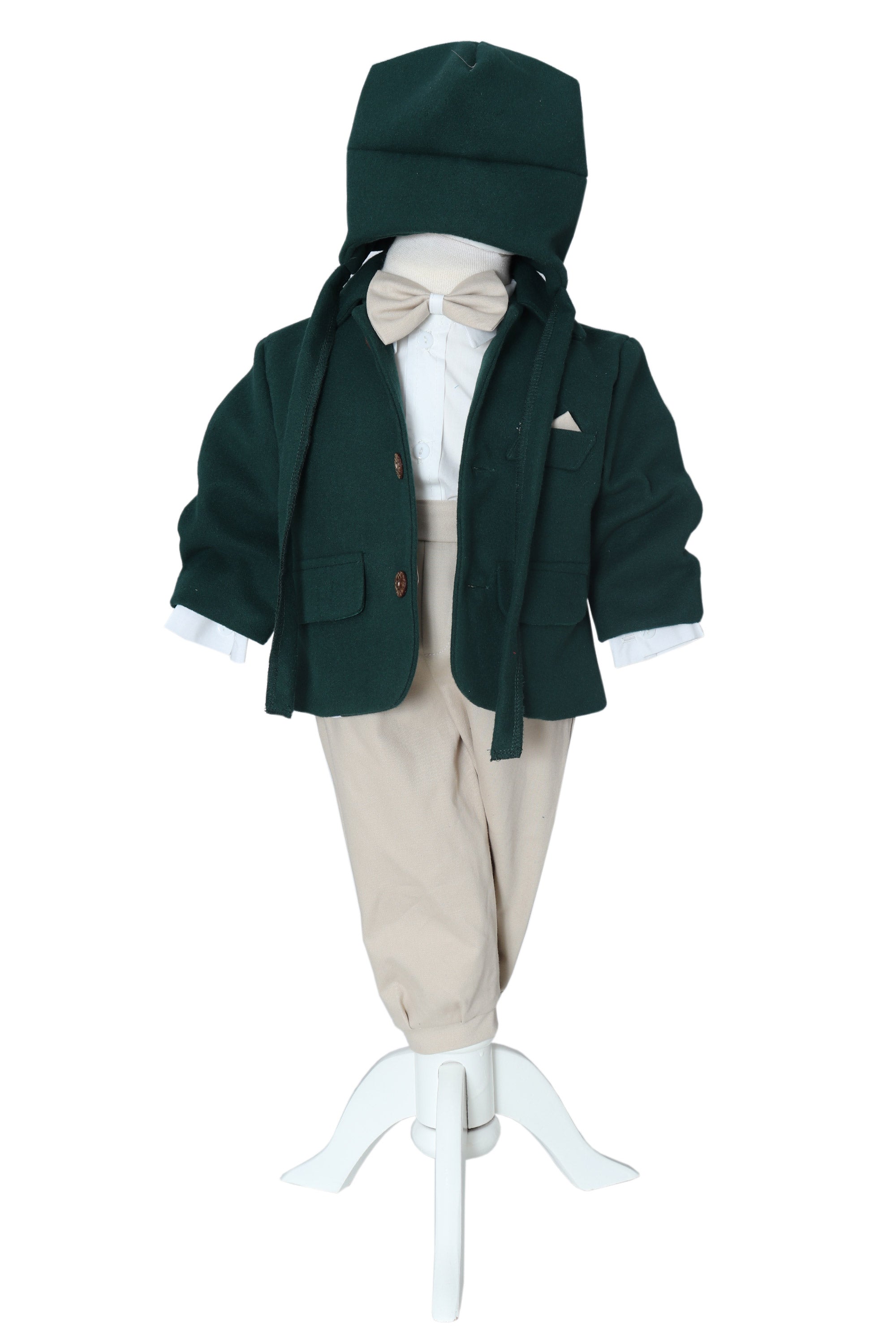 Costum botez baieti cu haina groasa din stofa, 5 piese, Verde-crem, Recostore®, REC3042