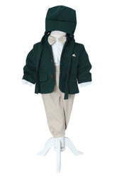 Costum botez baieti cu haina groasa din stofa, 5 piese, Verde-crem, Recostore®, REC3042