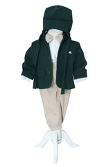 Costum botez baieti cu haina groasa din stofa, 5 piese, Verde-crem, Recostore®, REC3042