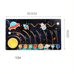 Joc educativ din lemn, labirint sistemul solar cu planete, dimensiune 39.5 cm x 22 cm, REC2916