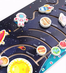 Joc educativ din lemn, labirint sistemul solar cu planete, dimensiune 39.5 cm x 22 cm, REC2916