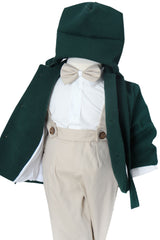 Costum botez baieti cu haina groasa din stofa, 5 piese, Verde-crem, Recostore®, REC3042