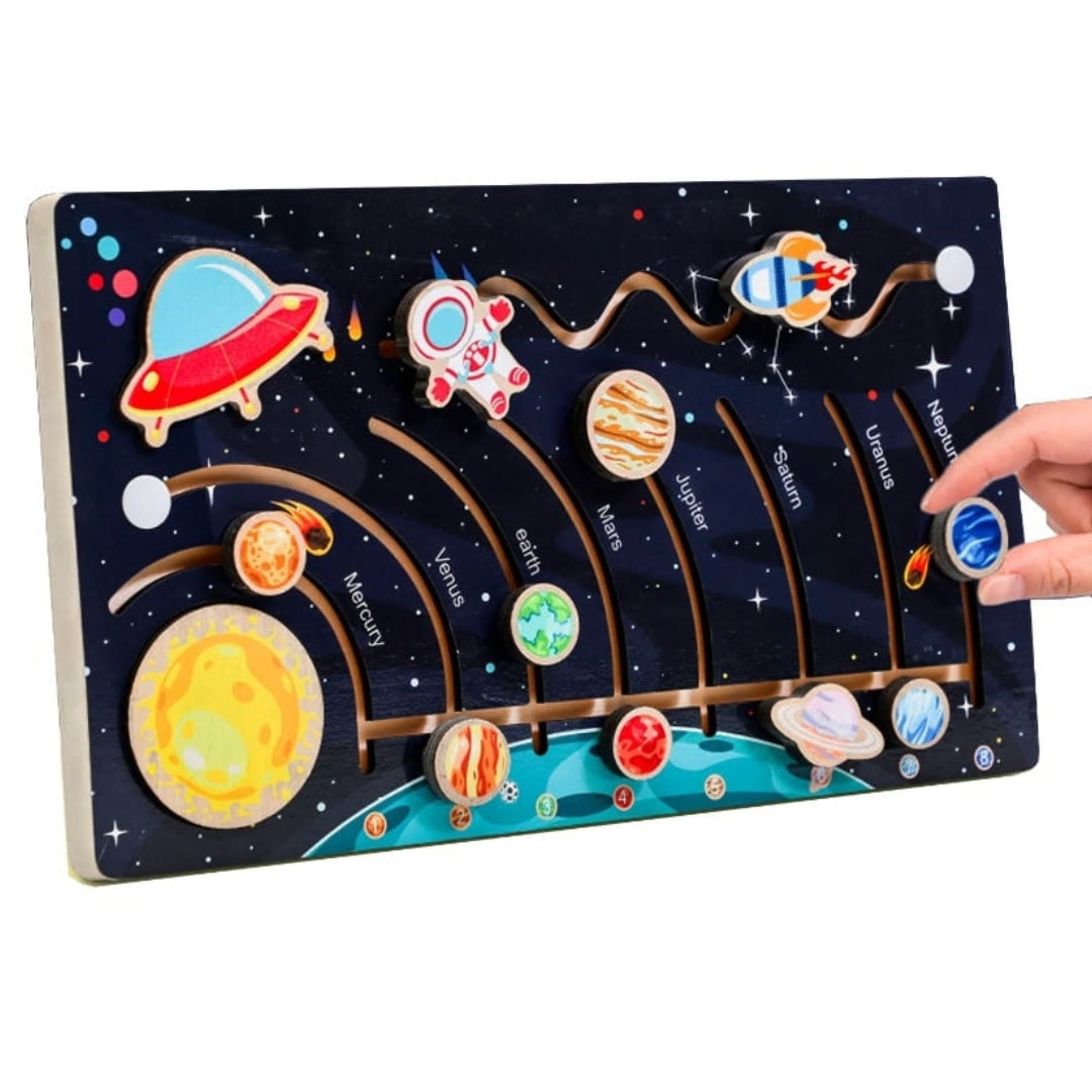 Joc educativ din lemn, labirint sistemul solar cu planete, dimensiune 39.5 cm x 22 cm, REC2916