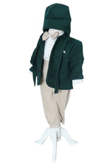 Costum botez baieti cu haina groasa din stofa, 5 piese, Verde-crem, Recostore®, REC3042