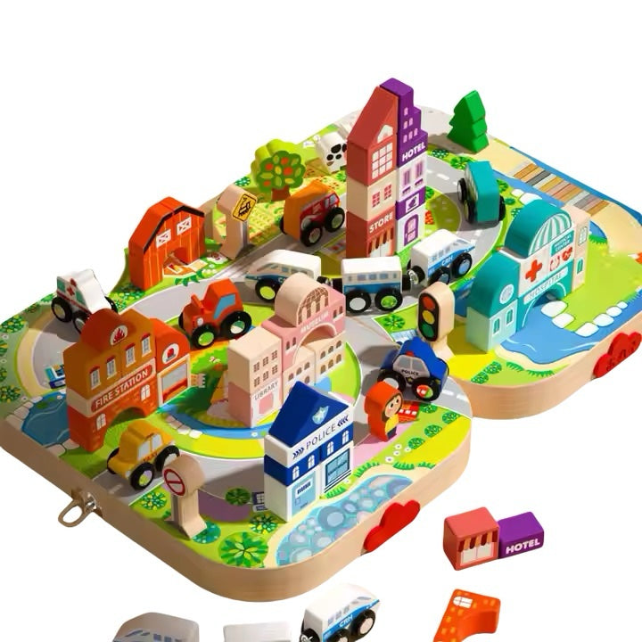 Joc educativ, orasel din lemn, dimensiune 33cm x 25 cm x 6.5 cm, REC2917