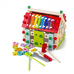 Joc educativ, casuta din lemn cu activitati montessori, dimensiune 23 x 16 x 15 cm, REC2918