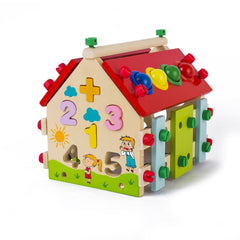 Joc educativ, casuta din lemn cu activitati montessori, dimensiune 23 x 16 x 15 cm, REC2918