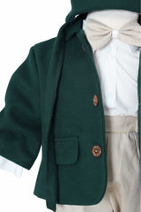 Costum botez baieti cu haina groasa din stofa, 5 piese, Verde-crem, Recostore®, REC3042