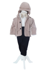 Costum botez baieti cu haina groasa din stofa, 5 piese, Crem, Recostore®, REC3043