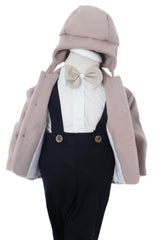 Costum botez baieti cu haina groasa din stofa, 5 piese, Crem, Recostore®, REC3043