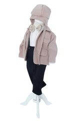 Costum botez baieti cu haina groasa din stofa, 5 piese, Crem, Recostore®, REC3043