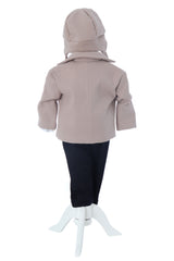 Costum botez baieti cu haina groasa din stofa, 5 piese, Crem, Recostore®, REC3043