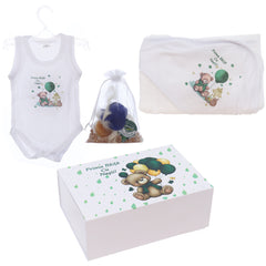 Set prima baita dupa botez cu nasii, body, prosop si saculet cu mirodenii, Model Ursulet cu baloane, REC3093