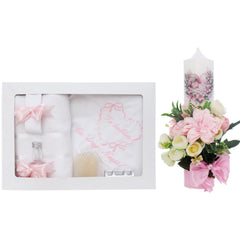 Set trusou botez cu inimioara roz, lumanare si trusou, 8 piese, REC5013/19