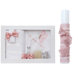 Set trusou botez cu fluturi roz pudrat, lumanare si trusou, 8 piese, REC5013/20